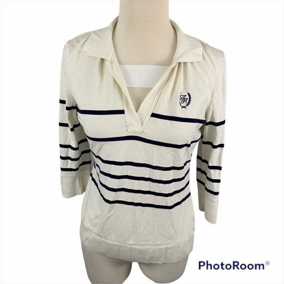 Tommy Hilfiger White Navy Striped Long Sleeve Polo (S)